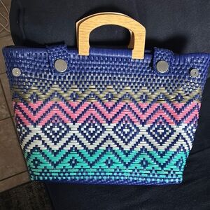Colorful Woven Tote Bag with Wooden Handles